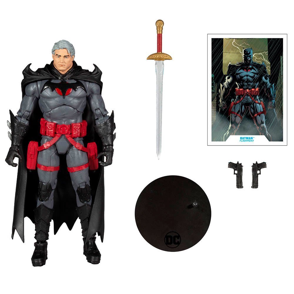 Figura Batman Flashpoint McFarlane con capa negra espada y accesorios de armas Figura Batman Flashpoint McFarlane con capa negra espada y accesorios de armas